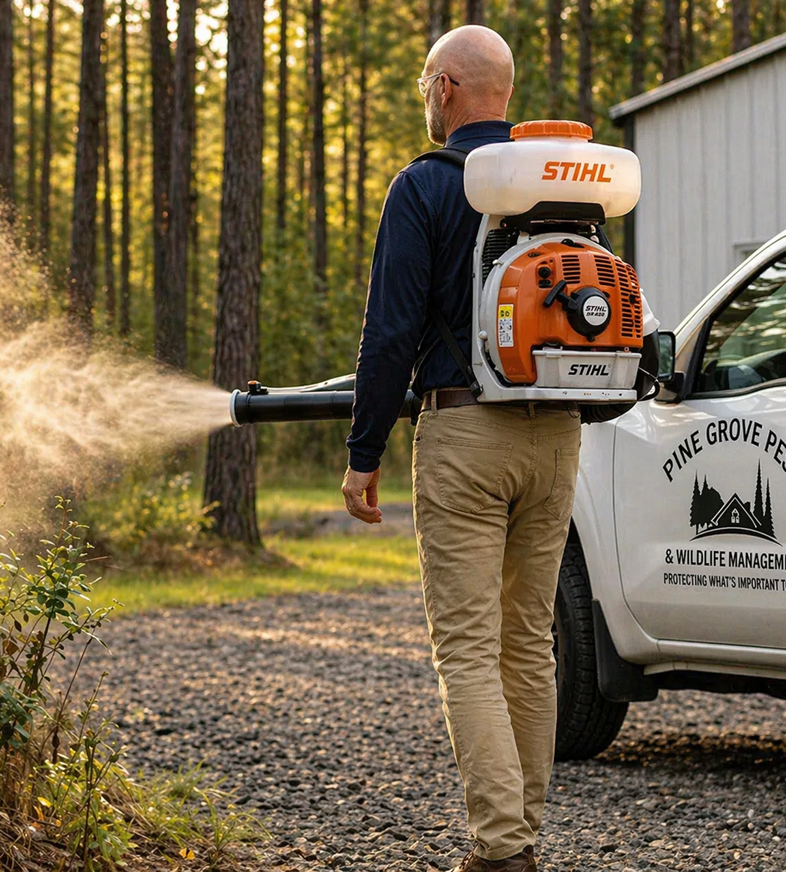 Man spraying pesticide near a forest.